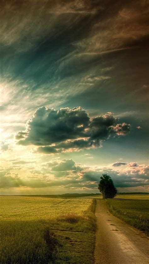 Plains Landscape Fields Road Tree Sky Clouds Sun Rays Iphone X 87
