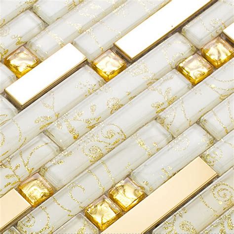 Strip Crystal Glass Tile Bathroom Patterns Interlocking Gold Stainless Steel Backsplash Wall Kitchen