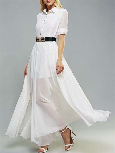 White Belted Swing Shirt Collar 34 Sleeve Maxi Dress