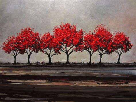 Custom Original Art Abstract Painting Red Trees Large Textured Modern