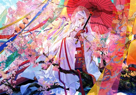 cherry blossoms flowers fuji choko japanese clothes kimono long hair original red eyes tree