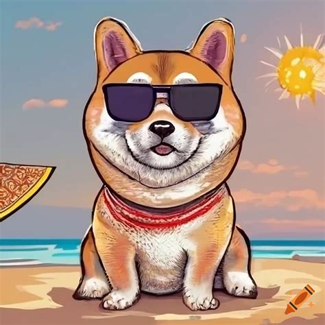 Shiba Inu With Sunglasses And Beach Hat In A Calm Beach Scene On Craiyon