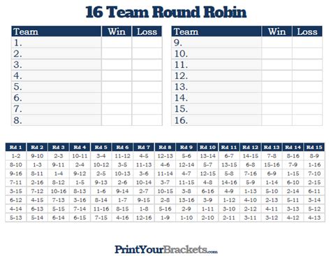 Printable 16 Team Round Robin Tournament Bracket Robin