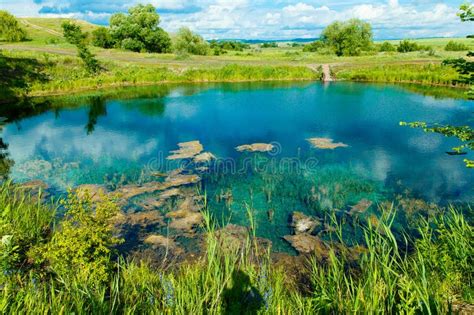 Landscape Of Blue Mineral Lake With Clear Water Russia Samara Region