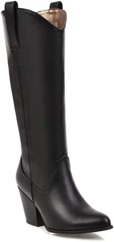 Womens Western Pointed Toe Knee High Boots Pull On Leather Chunky High
