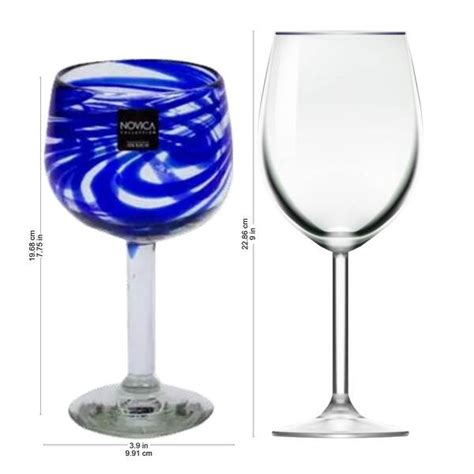 Novica Artisan Handblown Recycled Wine Glasses Mexican Cocktail Drinkware Blue Ribbon Set Of 6