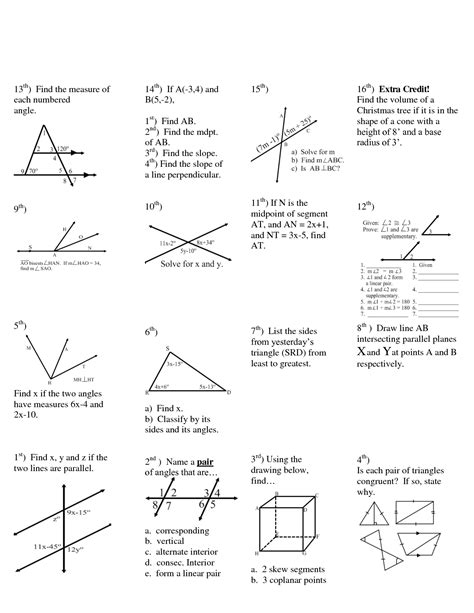 Geometry Worksheet Find The Measure Of Each Numbered Angle