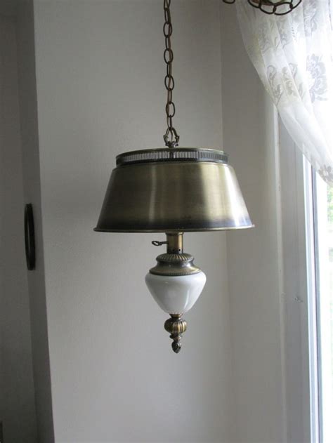 Hanging Swag Lamp Brass Color Metal And Milk Glass 1970s Long Etsy
