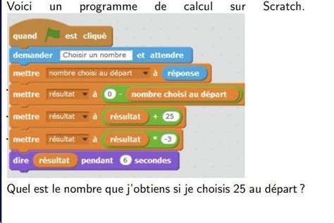Voici un programme de calcul sur Scratch quand est cliqué demander