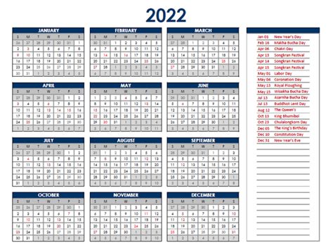 2022 Thailand Annual Calendar With Holidays Free Printable Templates