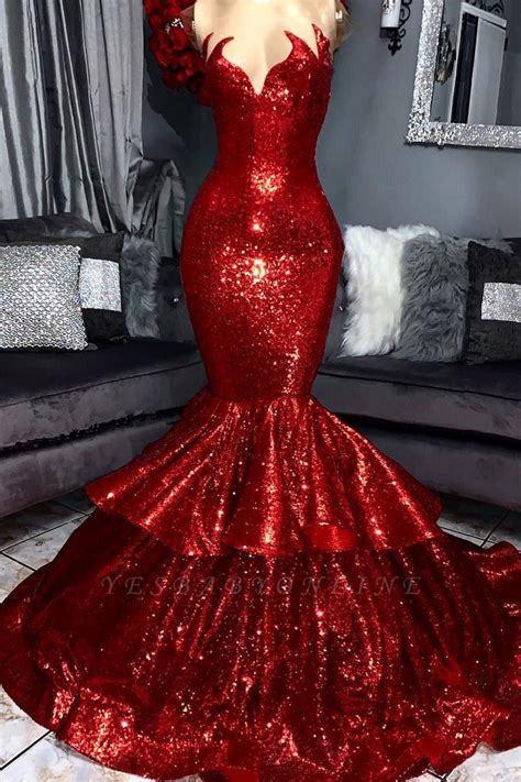 Sparkly Hot Red Mermaid Prom Dress With Ruffles Elegant Evening Gowns With Shining Details