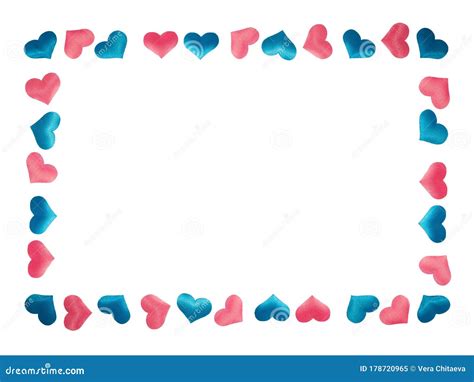 Frame Of Blue And Pink Silk Hearts On A White Isolated Background