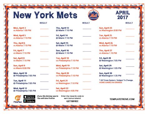 Printable 2017 New York Mets Schedule