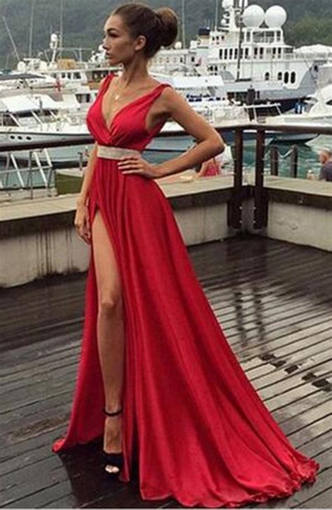 Sexy High Split Side Red Prom Dresses Deep V Neck Sash Beaded Side Slit A Line Long Formal