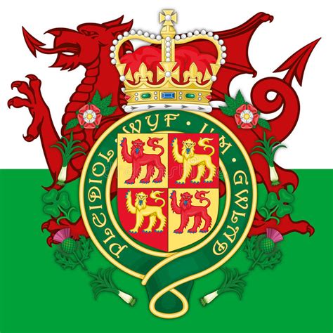 Die exakte form des drachens ist nicht standardisiert. Wales-Wappen und Flagge vektor abbildung. Illustration von ...