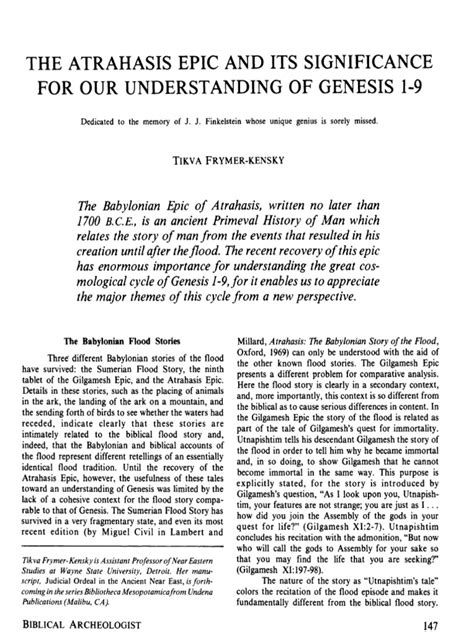 Frymer Kensky Atrahasis Epic And Genesis 1 9 Flood Myth Genesis