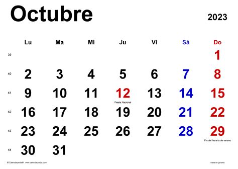 Calendario Octubre 2023 En Word Excel Y Pdf Calendarpedia