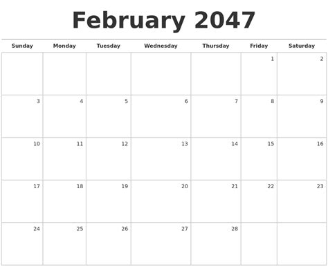 February 2047 Blank Monthly Calendar