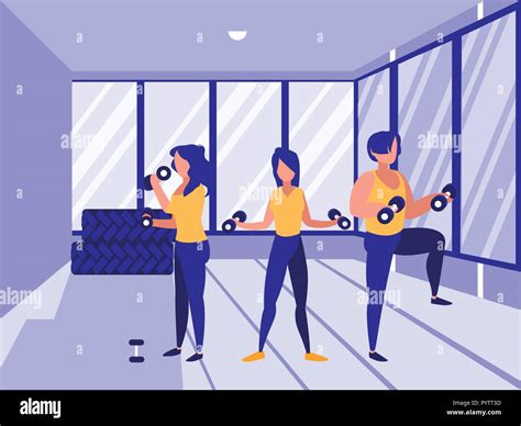 Avatar Women Exercising With Dumbbells In The Gym Colorful Design Vector Illustration Stock