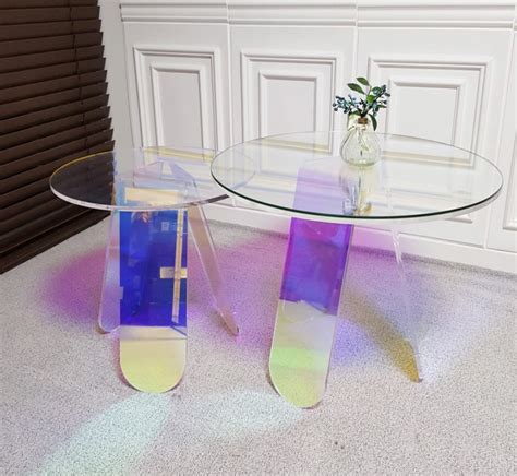 Round Glass Top Iridescent Acrylic Side Table Etsy