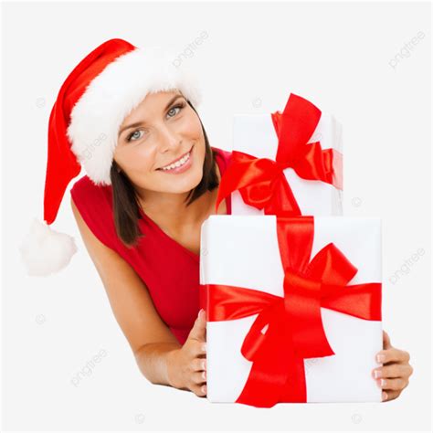 Woman Wearing Santas Helper Hat With A Cheerful Smile While Holding
