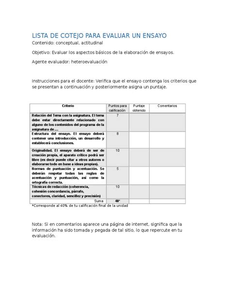 Lista De Cotejo Para Evaluar Un Ensayo Pdf