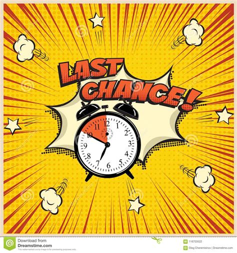 Last Chance Concept Illustration In Comic Book Style. Vector Alarm Clock And Last Chance Word On 