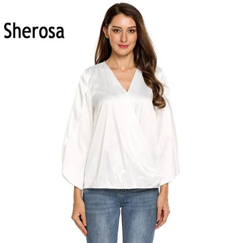 Buy Sherosa Women V Neck Split Flare Long Sleeve Retro Blouse Plus Size Faux