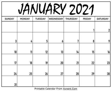 Blank Calendar January 2021 Free Letter Templates
