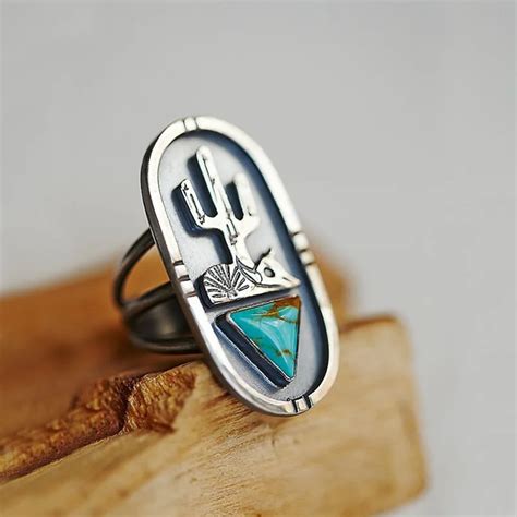 Desert Themed Cactus With Turquoise Stone Rings Southwestern Design