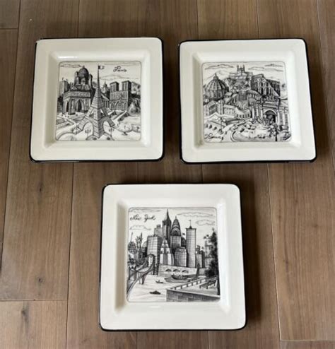 Brunelli Cities Paris Roma New York Plate Black And White Made In Italy