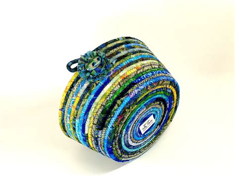 Coiled Rope Basket Green Blue Clothesline Bowl Quilted Etsy Fabric
