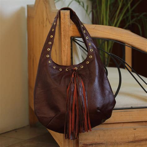 Handcrafted Brown Leather Hobo Style Boho Chic Shoulder Bag Relaxed Chic In Brown Novica