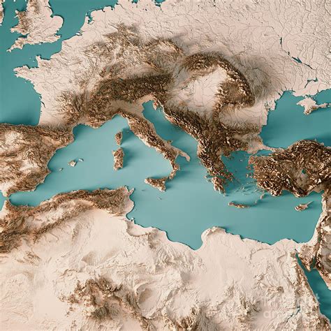 Mediterranean Sea 3d Render Topographic Map Neutral Digital Art By