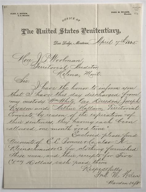 Autograph Letter Of Discharge From A Montana Penitentiary For Four
