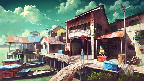 Hd Wallpaper Girl On The Pier Wooden Dock Painting Anime 2560x1440