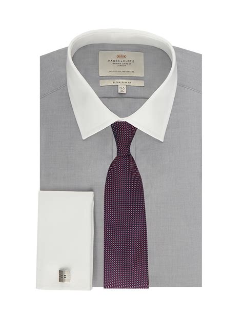 Mens Grey End On End Extra Slim Fit Dress Shirt With Contrast Collar