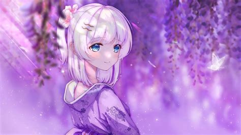 Blue Eyes White Hair Anime Girl In Purple Background 4k Hd Anime Girl Wallpapers Hd Wallpapers