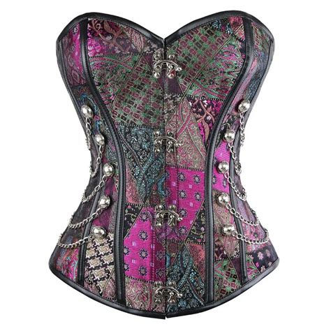 Waist Overbust Corset Steel Boned Corset Top Purple Floral Steampunk Corset Bustiers With Chain