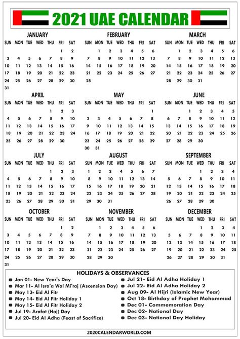 2021 Calendar With Uae Public Holidays In 2021 2021 Calendar Holiday