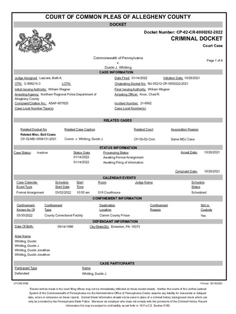 Fillable Online Allegheny County Court Of Common Pleas Criminal Docket