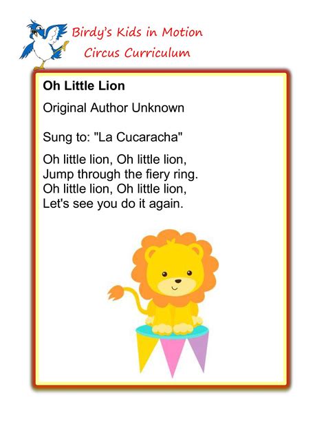 Oh Little Lion Song Birdyskids Toddlercreativemovement Circus Theme