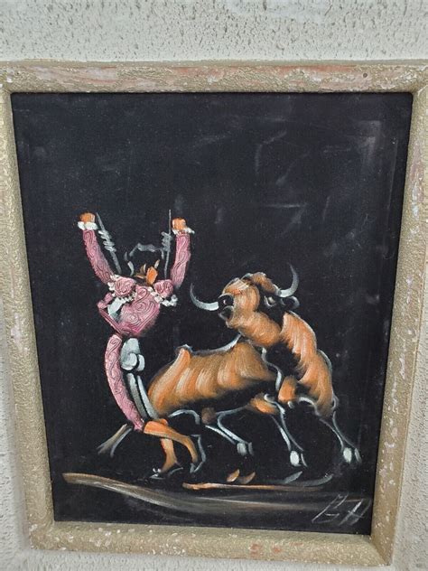 Vintage Framed Oil Painted Matador Bullfighter Bull Painting On Black