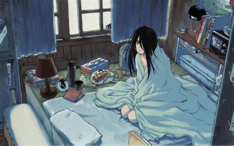 Black Haired Female Anime Character Sitting On Bed Covering With Blanket Hd Wallpaper