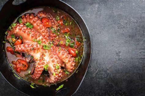 Traditional Greek Octopus Braised Cooked With Tomatoes And Herbs In