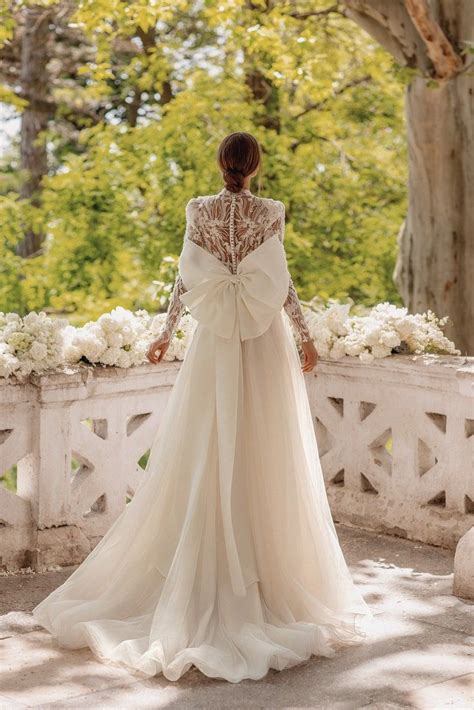 A Line Lace High Neck Wedding Dress Embroidered Puff Long Etsy In