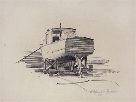 1938 Duncan Spencer Pencil Drawing Fishing Boat Long Beach Harbor