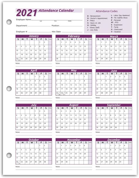 Work Tracker Attendance Calendar Cards 8 ½ X 11 Cardstock