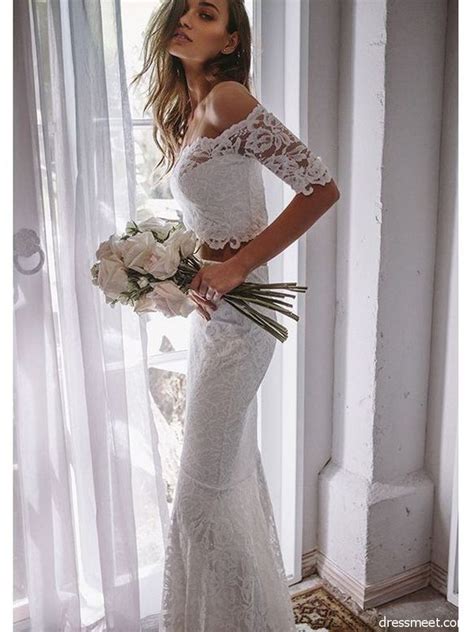 Mermaid Off The Shoulder White Long Sleeves Lace Wedding