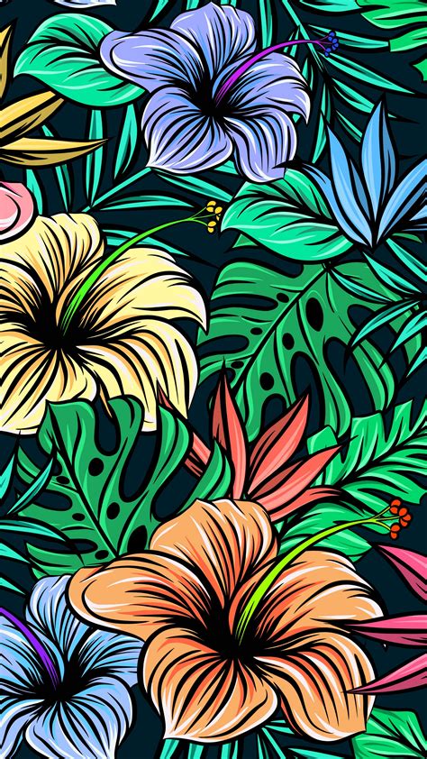 Download Wallpaper 2160x3840 Hibiscus Flowers Patterns